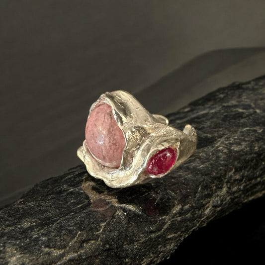 RING ''R458SSS RHODONITE + RUBY GLASS FILLED''