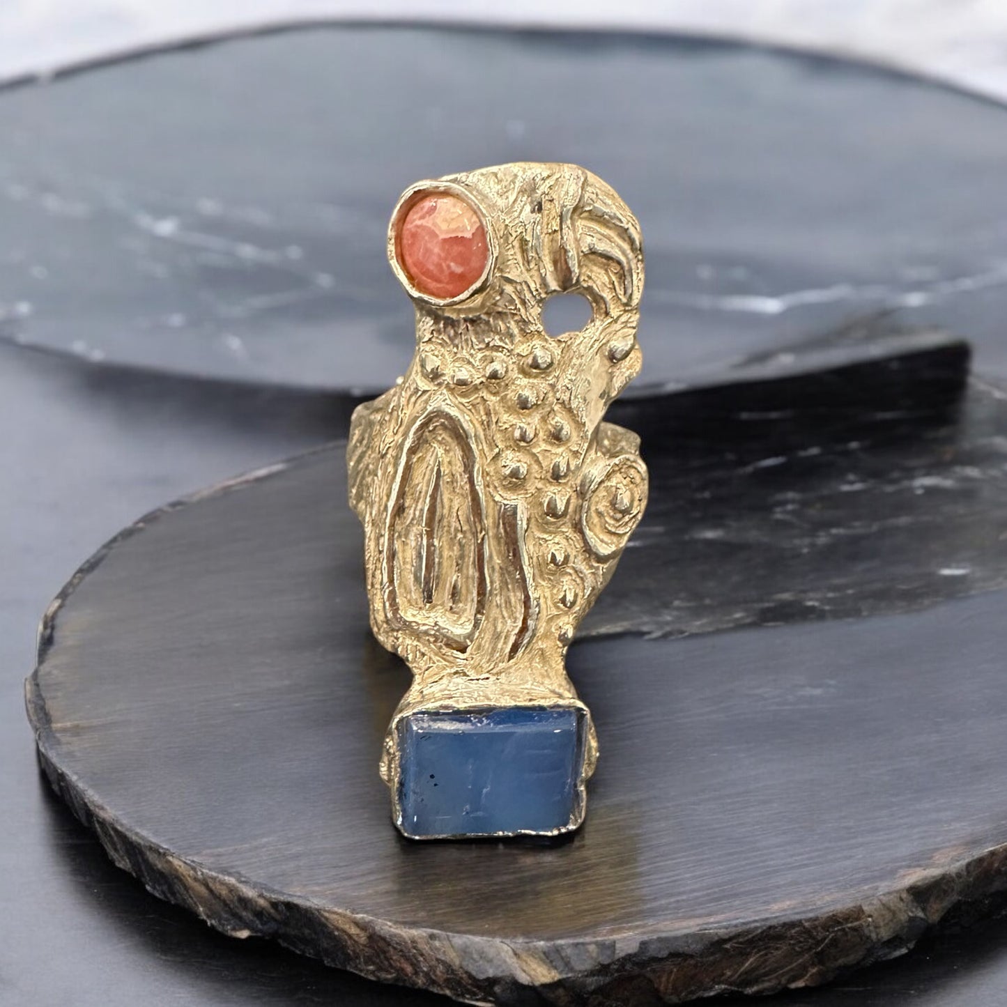 BIRD RING ''R677SS BLUE LACE AGATE + ANGEL SKIN CORAL''