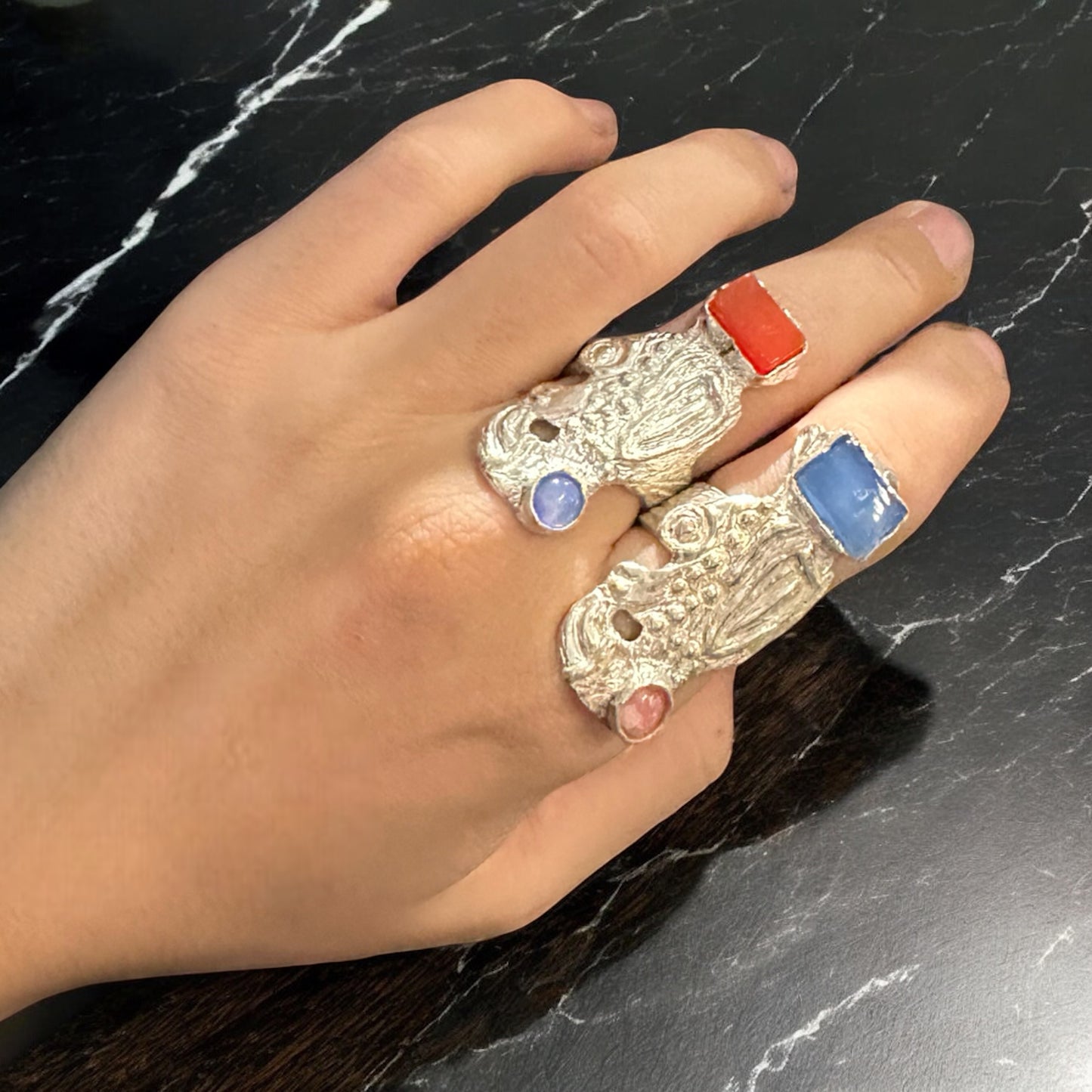 BIRD RING ''R677SS BLUE LACE AGATE + ANGEL SKIN CORAL''