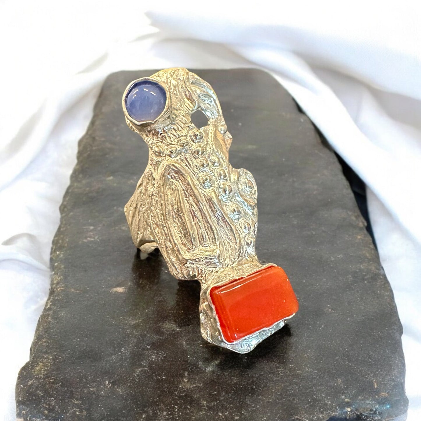 BIRD RING ''R677SS CARNELIAN + BLUE LACE AGATE''